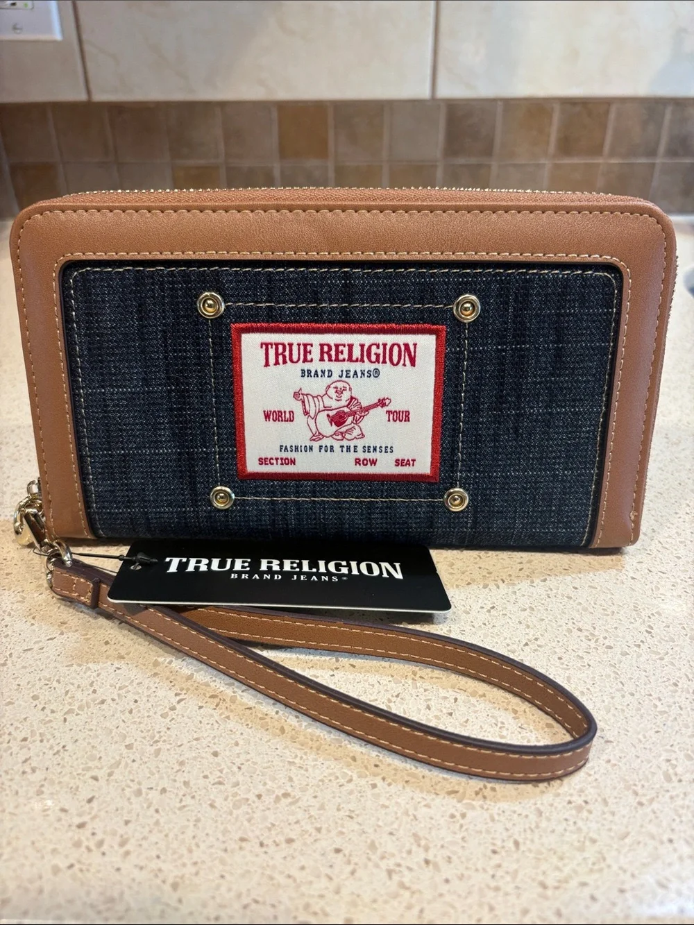 True Religion NWT Dark Denim & Tan Leather Large Wallet/Wristlet MSRP $48 - Picture 1 of 7